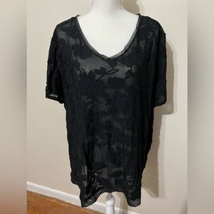 Plus-size black floral semi-sheer top